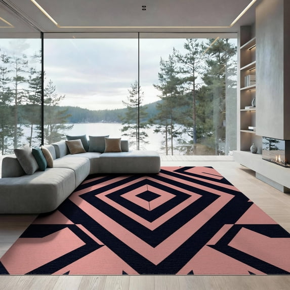 ODIKA Geometric Contemporary Bold Interlocking Maze Grid Pink Abstract Refined Non-Slip Chair-Friendly for Dining Room, Basement, Large Office