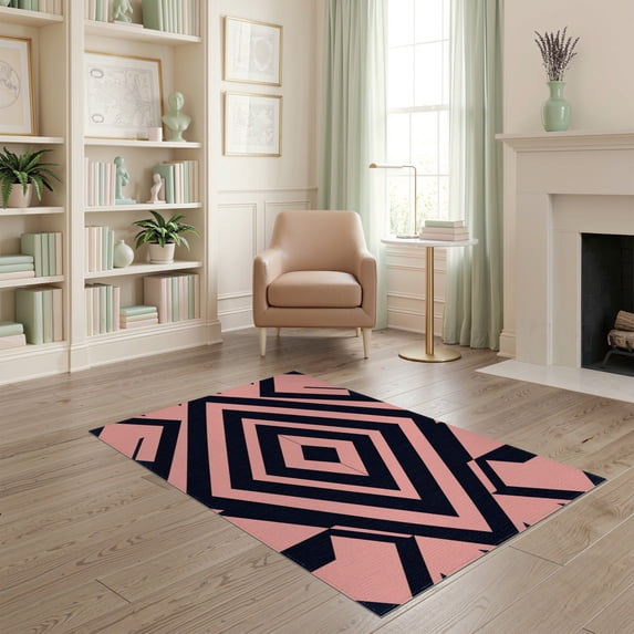 ODIKA 4'x6' Washable Area Rug Geometric Contemporary Bold Interlocking Maze Grid Pink Abstract Refined for Bedroom, Reading Nook, Pet Friendly & Non-Shedding