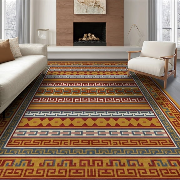 ODIKA Geometric Frame Border Motif Stripe Aztec Southwestern Stripes Playful for Living Room, Under Sectional, Family , Non-Slip Flatwoven