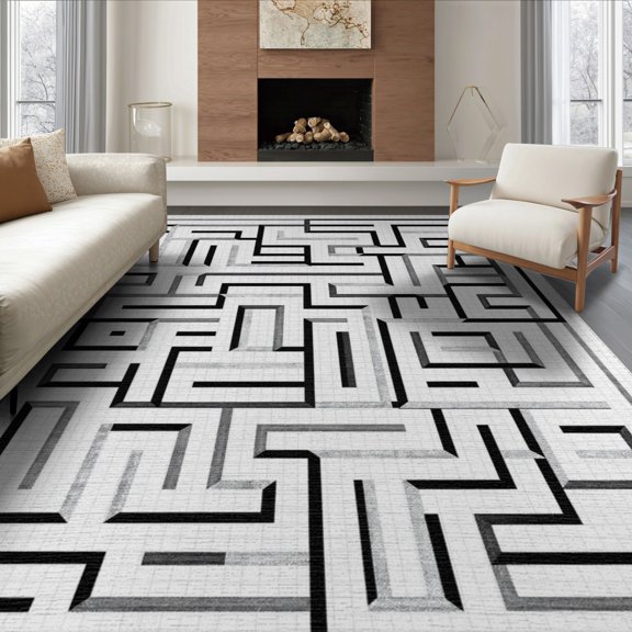 ODIKA Geometric Interlocking Labyrinth Structured Border Grey Abstract for King Size Bedroom, Master Suite, Under Bed, Foldable Easy Care