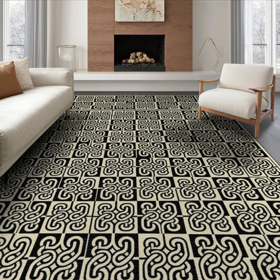 ODIKA Geometric Interlocking Loop Symmetrical Tiled Monochrome Mid for Living Room, Under Sectional, Family , Non-Slip Flatwoven