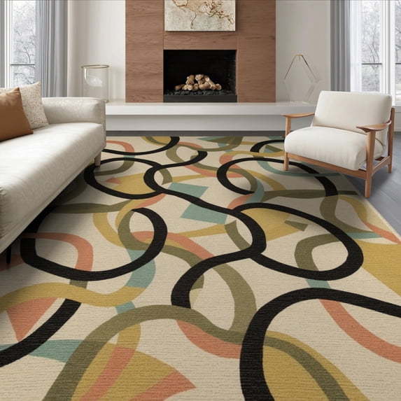 ODIKA Geometric Knot Motif Angular Mid Century Cream Checkered Abstract for Dining Room, Under Table, Office, Non-Slip Chair-Friendly Floor