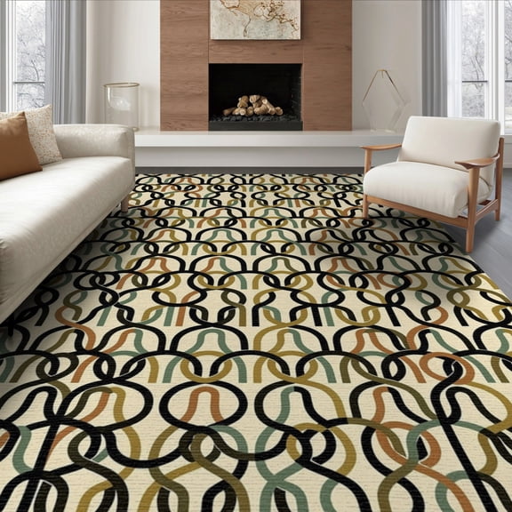 ODIKA Geometric Mid Century Looping Knot Minimalist Cream Checkered for Living Room, Under Sectional, Family , Non-Slip Flatwoven