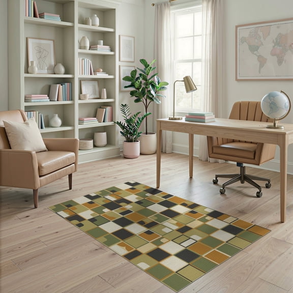 ODIKA Geometric Vintage Grid Motif Abstract Contrasting Entryway Hallway Non-Slip Chair-Friendly for Home Office, Gaming Room, Under Desk