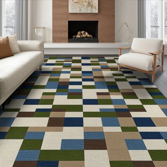 ODIKA Geometric Wool Checkered Bold Stripe Blocks Hooked Grid Interlocking Non-Slip Flatwoven for Living Room, Under Sectional, Family