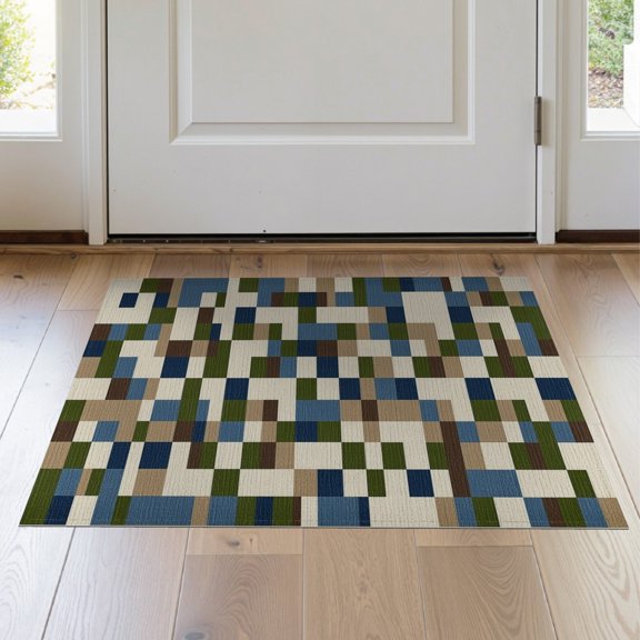 ODIKA Geometric Wool Checkered Bold Stripe Blocks Hooked Grid Interlocking Non-Slip Low Profile for Hallway, Study Room, Playroom