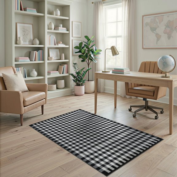 ODIKA Gingham Checkered Door Doormat Decorative Border Composition for Dorm Room, Small Living Apartment, Stain Resistant Low Profile