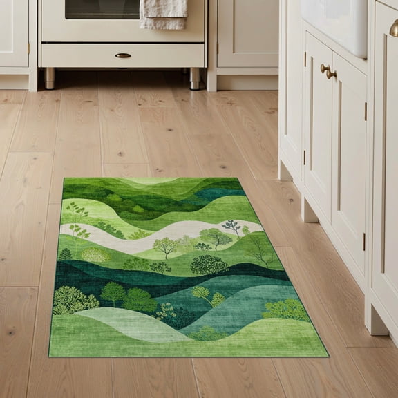 ODIKA Golf Topographic Koi Landscape Pond Blade Motifs Layers Cartoon Stain Resistant Flatwoven for Entryway, Kitchen, Mudroom