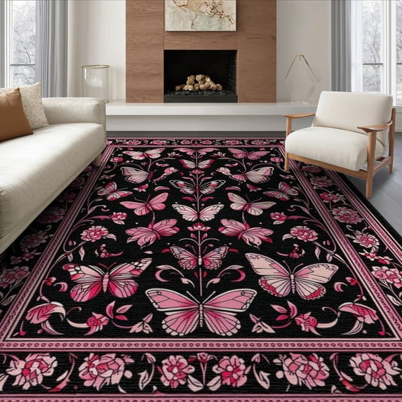 ODIKA 8'x10' Washable Area Rug Gothic Butterfly Moth Vintage Damask Frame Shaped Print Pink for Dining Room, Large Office, Lounge, Non-Slip Chair-Friendly Mat