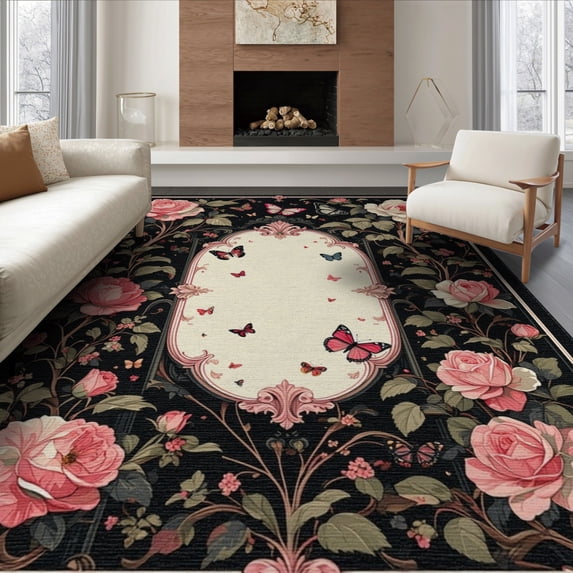 ODIKA Gothic Butterfly Moth Vintage Ornate Baroque Shaped Pink Print for Dining Room, Under Table, Office, Non-Slip Chair-Friendly Floor