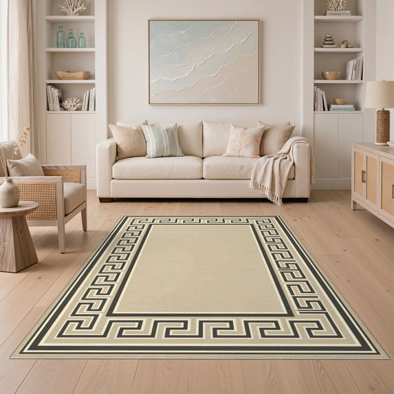 ODIKA Greek Key Bold Fret Motif Symmetrical Panel Layout Graphic Print Non-Slip Chair-Friendly for Dining Room, Under Table, Home Office