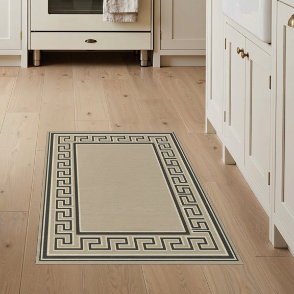 ODIKA Greek Key Bold Fret Motif Symmetrical Panel Layout Graphic Print for Entryway, Kitchen, Mudroom, Stain Resistant Flatwoven