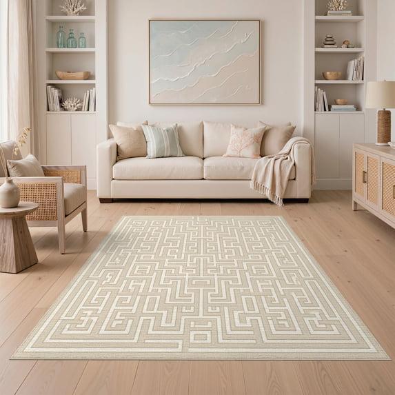 ODIKA Greek Key Geometric Trellis Bordered Meander Motif Interlocking for Guest Room, Lounge, Apartment, Non-Slip Low Profile