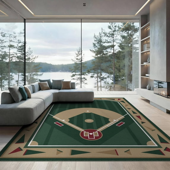 ODIKA Green Baseball Field Design Featuring Diamond Shape And Border Flags Low Profile Flatwoven for Great Room, Indoor Open Concept, Large Living