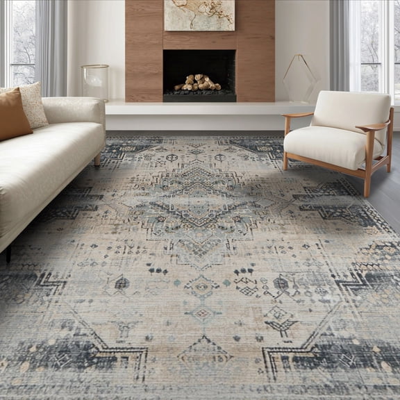 ODIKA Greige Contemporary Abstract Ornamental Distressed Mosaic Large Non-Slip Chair-Friendly Floor for Dining Room, Under Table, Office