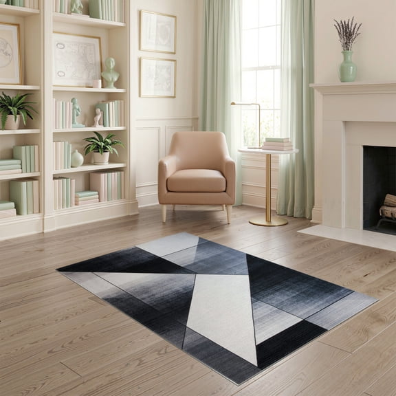 ODIKA Grey Abstract Monochrome Geometric Interlocking Contemporary for Dorm Room, Small Living Apartment, Stain Resistant Low Profile