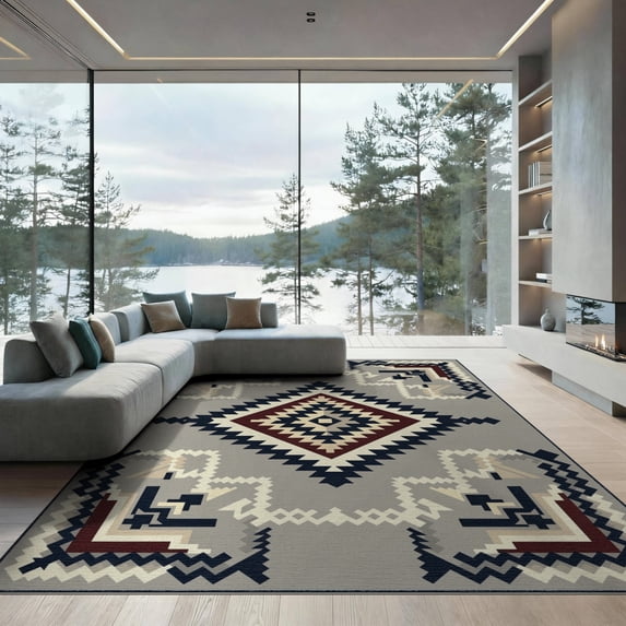 ODIKA Grey Boho Geometric Southwestern Interlocking Bands Stepped Gripper Low Profile Flatwoven for Great Room, Indoor Open Concept, Large Living