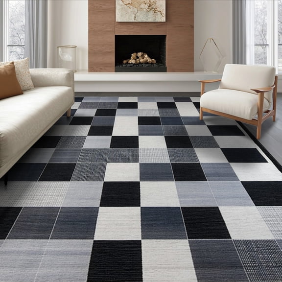 ODIKA Grey Men Tartan Checkered Oversized Interlocking Blocks Mens Non-Slip Chair-Friendly Floor for Dining Room, Under Table, Office