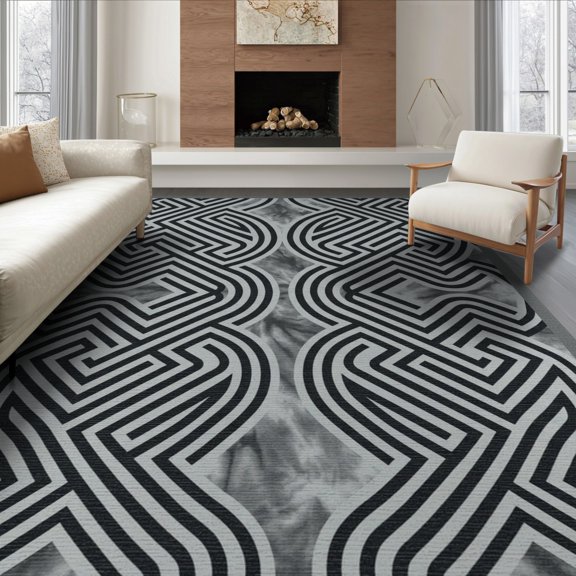 ODIKA Grey Pile Crisp Labyrinth Abstract Pale Contrast Fluffy Shaggy for Living Room, Under Sectional, Family , Non-Slip Flatwoven