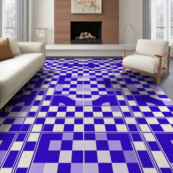 ODIKA 8'x10' Washable Area Rug Grid Abstract Retro Wave Rhythm Plaid Crisp Purple Checkered Refined Structured for Living Room, Under Sectional, Family Room , Durable, Non-Slip
