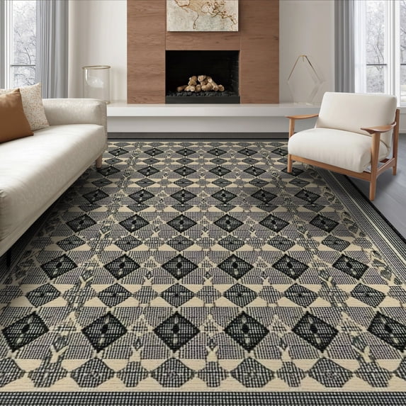 ODIKA Grid Lattice Checkered Neutral Geometric Trellis Farmhouse Border for Queen Size Bedroom, Under Bed, Master Suite, Foldable Easy Care