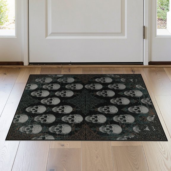ODIKA Grid Vintage Distressed Gothic Crossbones Halloween Skull Spooky Playful for Hallway, Study Room, Playroom, Non-Slip Low Profile
