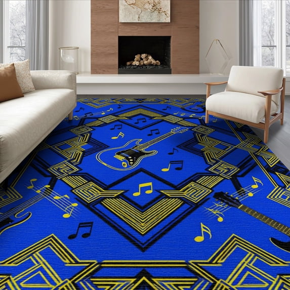 ODIKA Guitar Contemporary Motif Energetic Sound Wave Structured Layout for King Size Bedroom, Master Suite, Under Bed, Foldable Easy Care