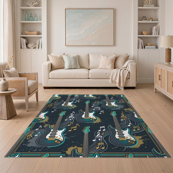 ODIKA Guitar Stylized Shapes Teal Highlights Asymmetrical Musical Motif for Small Living Room, Playroom, Bedroom, Easy Care Kids Safe