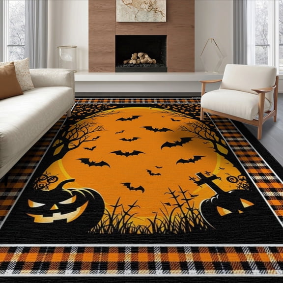 ODIKA Halloween Bat Checkered Plaid Spooky Lettering Front Door Welcome for Living Room, Under Sectional, Family , Non-Slip Flatwoven