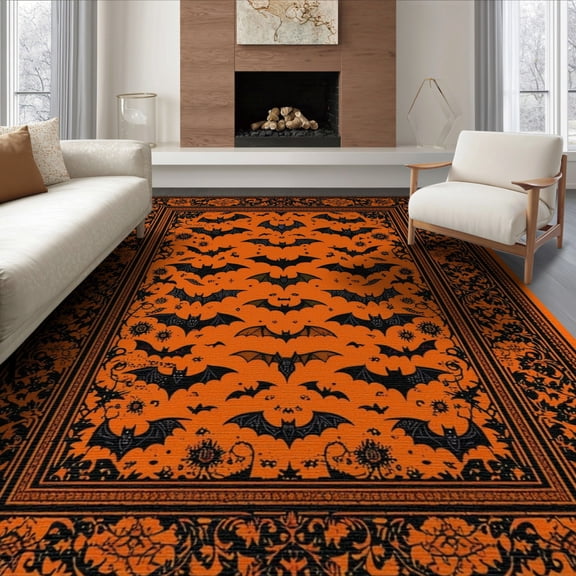 ODIKA Halloween Bat Gothic Spooky Damask Repeating Winged Scary Motif for Dining Room, Under Table, Office, Non-Slip Chair-Friendly Floor