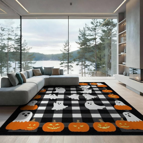 ODIKA Halloween Ghost Plaid Pumpkin Border Striped Fallc Door Doormat Low Profile Flatwoven for Great Room, Indoor Open Concept, Large Living