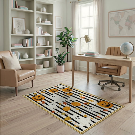 ODIKA Halloween Ghost Striped Pumpkin Border Welcome Fallc Door Doormat for Playroom, Bedroom, Reading Nook, Pet Friendly & Kids Safe Play