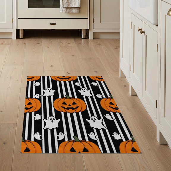 ODIKA Halloween Spooky Pumpkin Phantom Striped Entrance Door Doormat Stain Resistant Flatwoven for Entryway, Kitchen, Mudroom