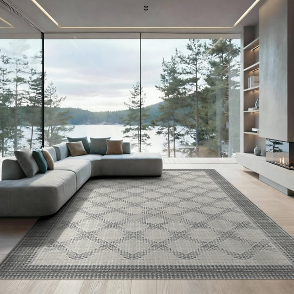 ODIKA Hallway Lattice Interlocking Web Grid Pile Way Grey Geometric for Great Room, Indoor Open Concept, Large Living Low Profile Flatwoven