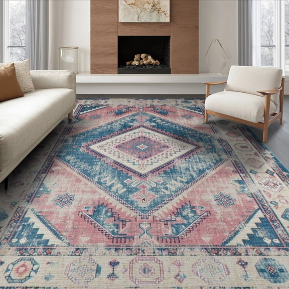 ODIKA Hand Knotted Look Vintage Distressed Medallion With Southwestern Diamond Motifs for Queen Size Bedroom, Under Bed, Master Suite, Foldable Easy Care