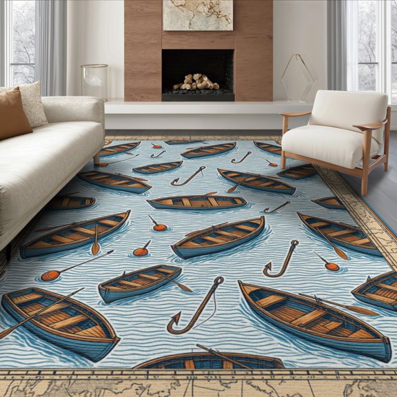 ODIKA Hooked Maritime Artwork Tackle Floats Weathered Chart Motifs for Queen Size Bedroom, Under Bed, Master Suite, Foldable Easy Care