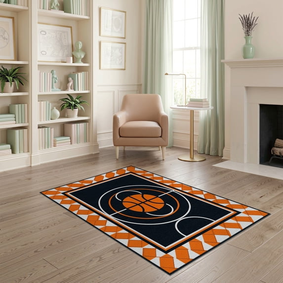 ODIKA 4'x6' Washable Area Rug Interlocking Border Blanket Football Bold Center Round Basketball Refined for Bedroom, Reading Nook, Pet Friendly & Non-Shedding