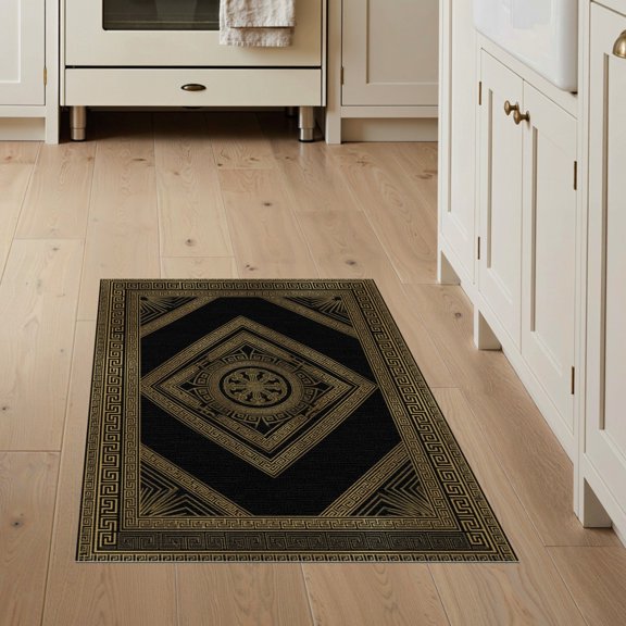 ODIKA Interlocking Border Meander Scroll Geometric Fret Bordered Greek Key Refined for Entryway, Kitchen, Mudroom, Stain Resistant Flatwoven
