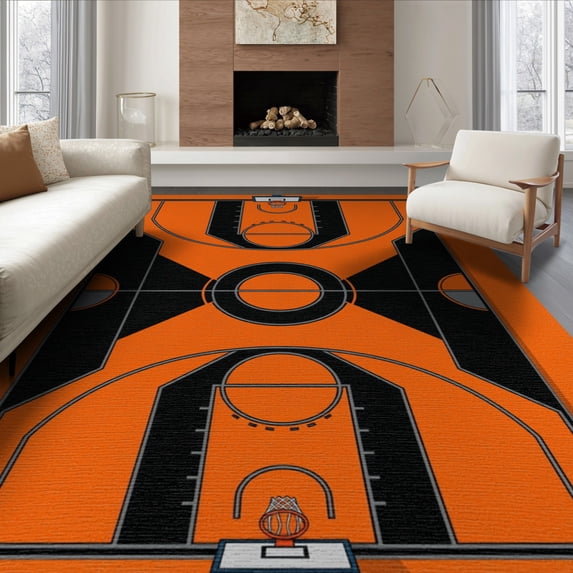 ODIKA 6'x9' Washable Area Rug Non-Slip, Easy Care, Interlocking Lines Bold Hoop Blanket Football Round Basketball Refined for Family Room, Living Room, Master Bedroom