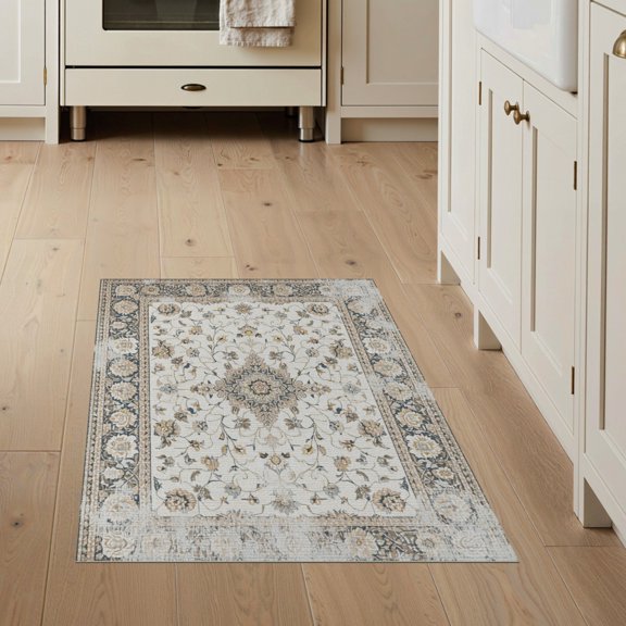 ODIKA Ivory Tug Tone Vintage Lattice Faded Farmhouse Bathroom Mongolian Stain Resistant Flatwoven for Entryway, Kitchen, Mudroom