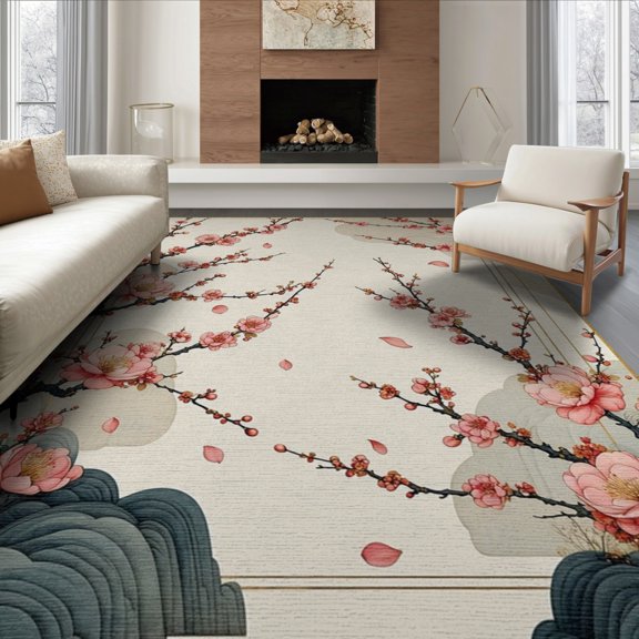 ODIKA Japanese Cherry Symmetrical Border Botanical Tufted Chinese Asian Non-Slip Flatwoven for Living Room, Under Sectional, Family