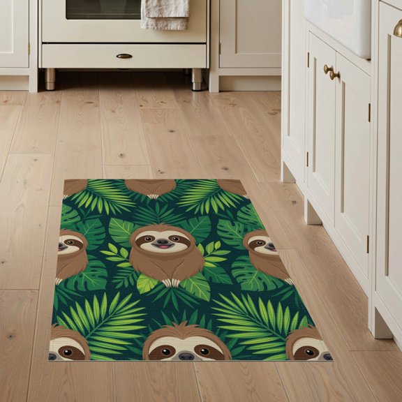 ODIKA Jungle Leaves Playful Novelty Border Hanging Motif Sloth Cartoon Refined for Entryway, Kitchen, Mudroom, Stain Resistant Flatwoven