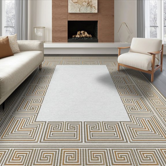 ODIKA Key Border Interlocking Maze Trellis Motif Abstract Greek Geometric Refined Non-Slip Flatwoven for Living Room, Under Sectional, Family