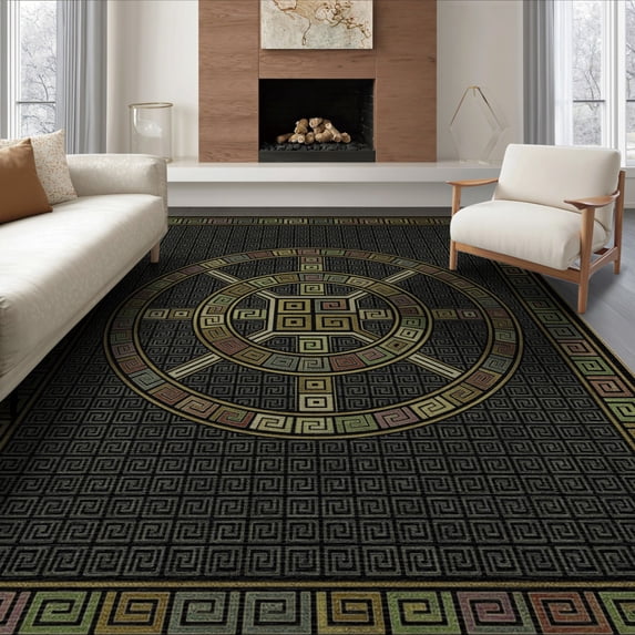 ODIKA 6'x9' Washable Area Rug Non-Slip, Easy Care, Key Fretwork Meander Frame Border Scroll Geometric Fret Greek Flowing Dynamic for Family Room, Living Room, Master Bedroom