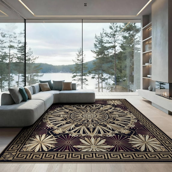 ODIKA Key Glam Motifs Shimmer Round Symmetrical Border Sparkle Greek Flowing Dynamic Low Profile Flatwoven for Great Room, Indoor Open Concept, Large Living