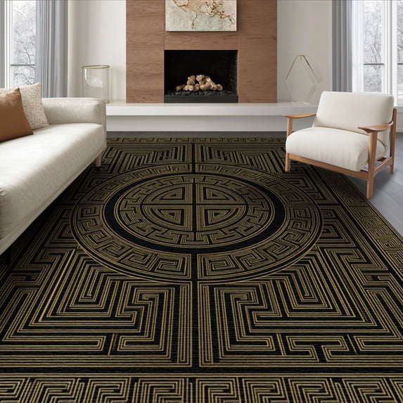 ODIKA 6'x9' Washable Area Rug Key Meander Border Scroll Geometric Fret Bordered Greek Interlocking Refined for Family Room, Living Room, Master Bedroom, Non-Slip, Easy Care