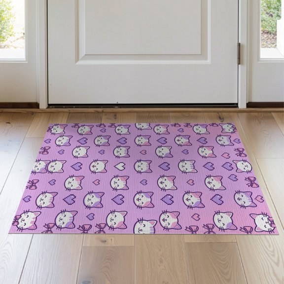 ODIKA Kitten Motif With Pixel Heart Grid And Symmetrical Bow Accents Cartoon Cat Stain Resistant Thin Throw for Entryway, Kitchen, Laundry Room