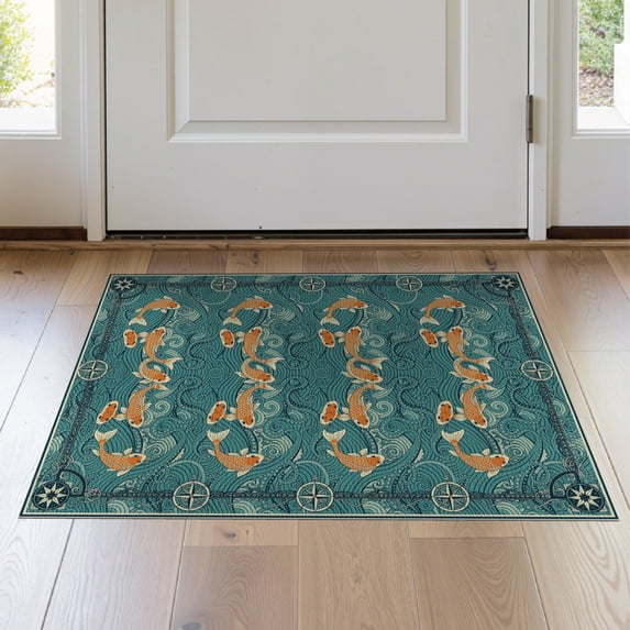 ODIKA Koi Fish Swimming Tentacle Swirl Teal Navy Decorative Border for Hallway, Study Room, Playroom, Non-Slip Low Profile