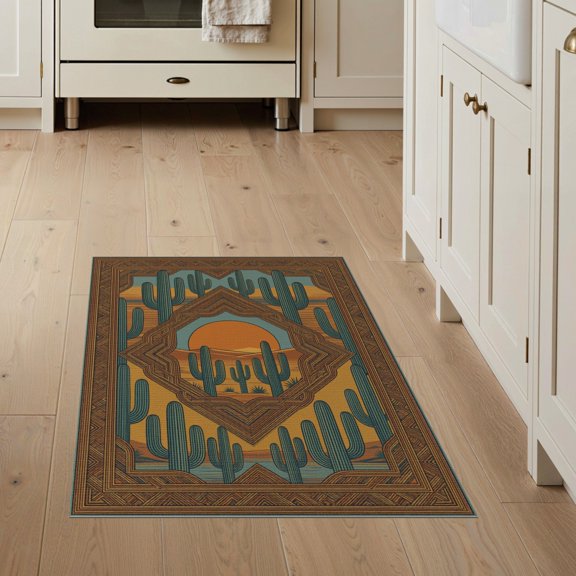 ODIKA Landscape Vintage Southwestern Motifs Aztec Border Cowboy Sunset Refined Stain Resistant Flatwoven for Entryway, Kitchen, Mudroom