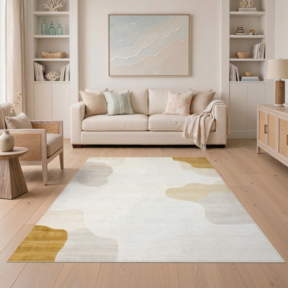 ODIKA Large Abstract Neutral Brushstroke Mottled Pile Contemporary Tones Non-Slip Low Profile for Guest Room, Lounge, Apartment